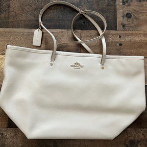 COACH Off White/White/Ivory Leather Large Shoulder Tote Bag Purse 17.5"x10"